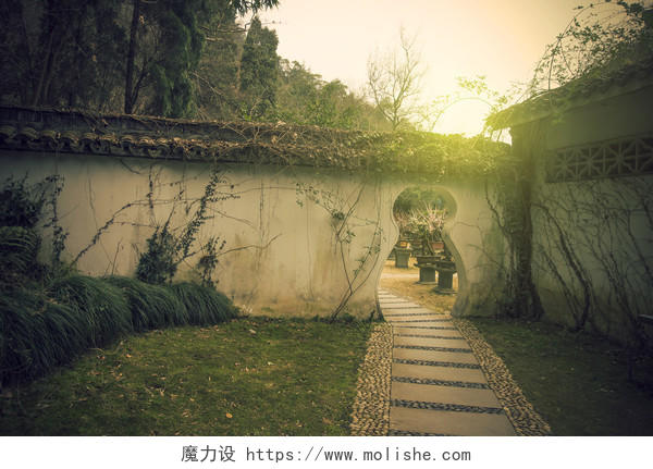 中国古老的花园与美丽的老建筑和盆景树